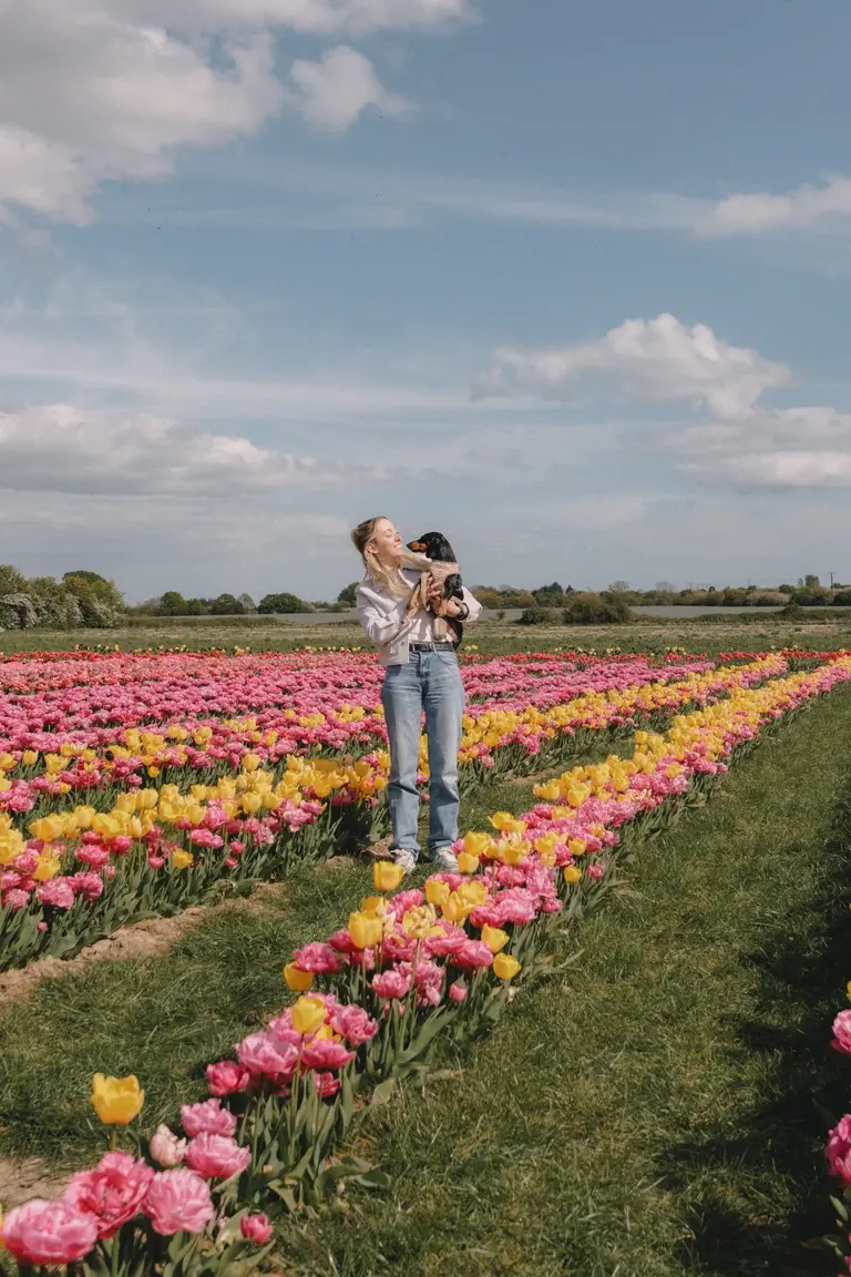 Abbie holding Olive in the tulip fields at Scott's of Southend