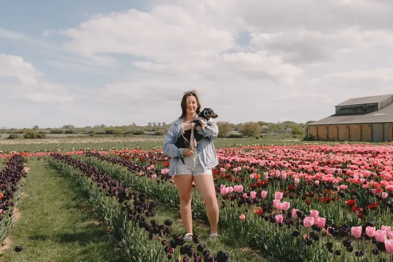 Bekah holding Olive in the tulip fields at Scott's of Southend