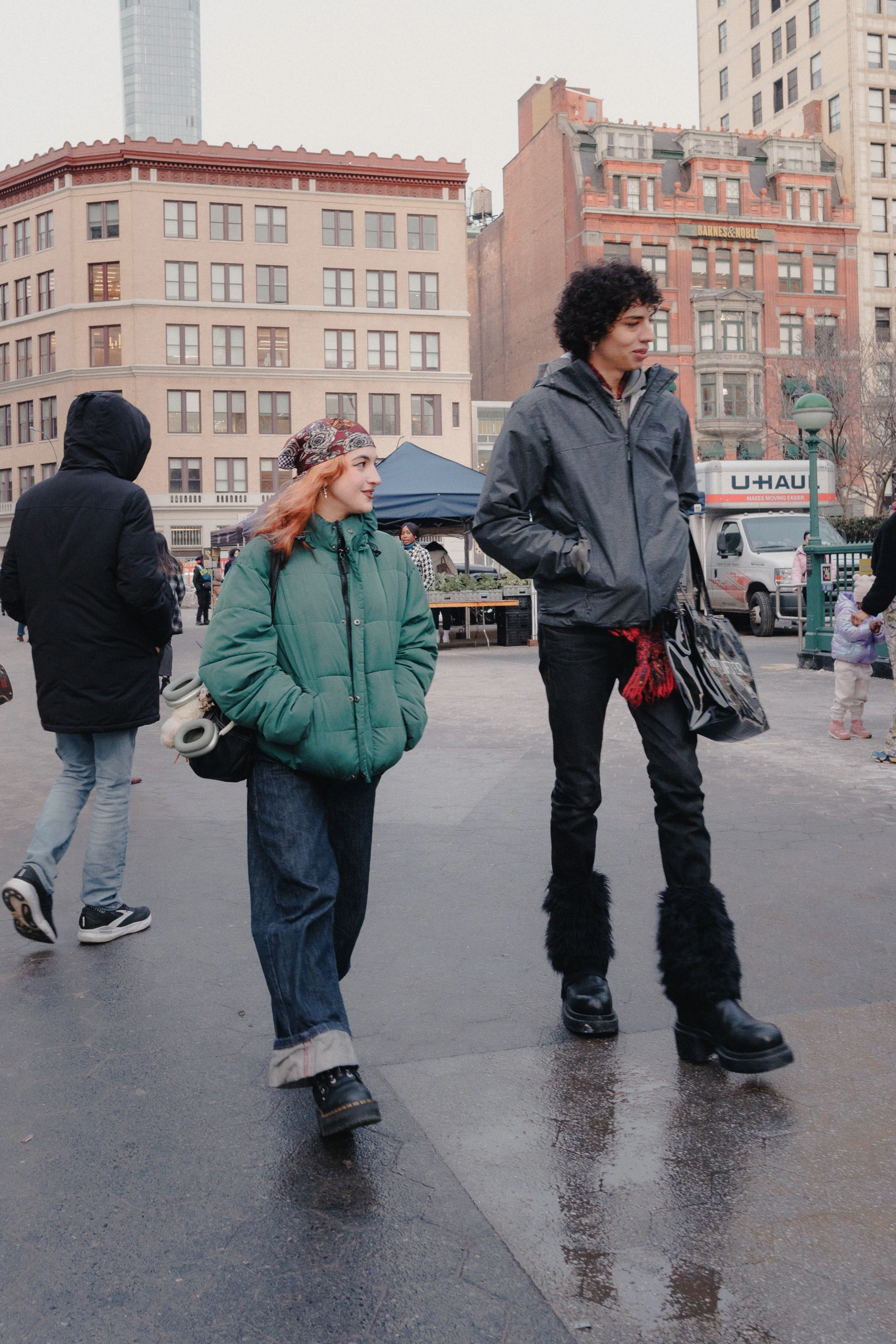 Friends looking around New York streets
