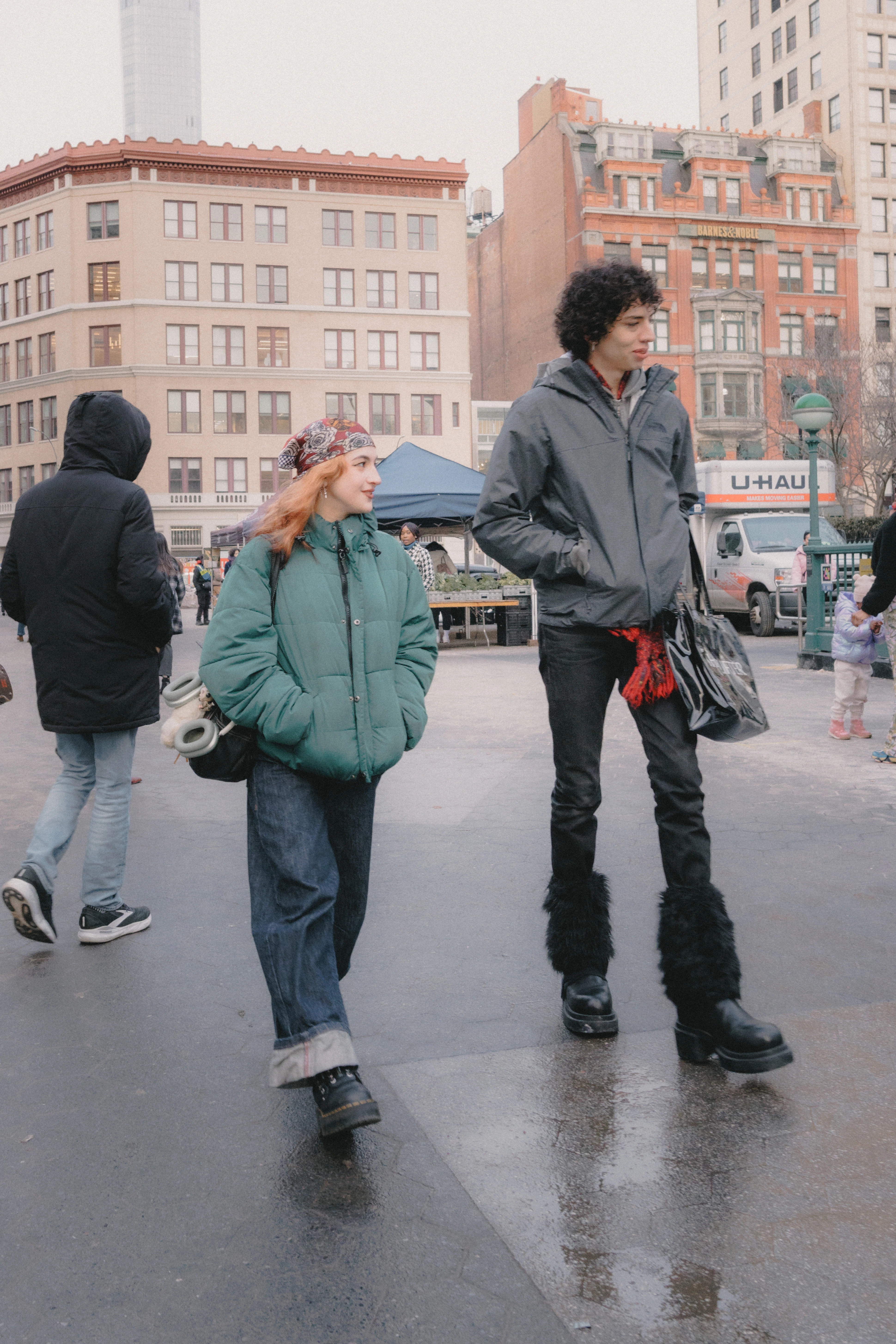 Friends looking around New York streets